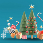圣诞树被礼品盒 水晶球 糖果和蓝色的雪包围PSD素材