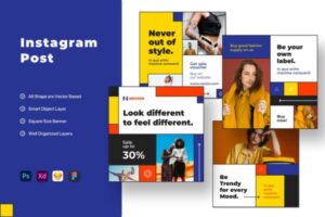 高端时尚包豪斯配色风格的Instagram社交媒体banner海报设计模板集合-FIG, PSD, SKETCH, XD