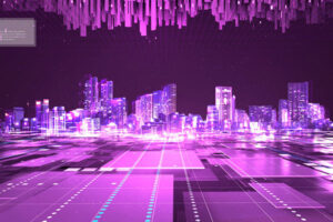 免费下载 紫色城市虚拟世界元宇宙空间海报背景素材 (psd)