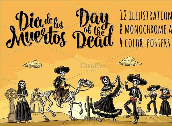 墨西哥骷髅骨架和死亡主题刻字大包