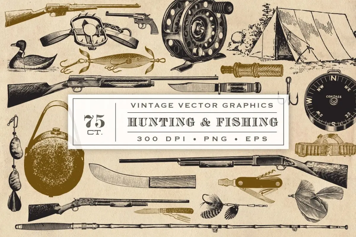 狩猎捕鱼插画素材 Hunting Fishing Vector Graphics