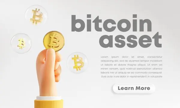 可爱的手拿着比特币泡沫着陆页网站banner插画设计模板