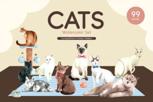 可爱的猫咪宠物水彩插画素材 (png,jpg,psd)