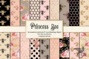 彩绘花束复古蜜蜂图案背景素材Princess Bee Digital Paper
