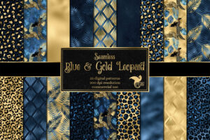 蓝金豹数码纸背景材Blue and Gold Leopard Digital Paper