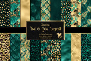 蓝绿色和金豹数码纸背景纹理素材Teal and Gold Leopard Digital Paper