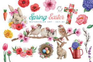 春季复活节水彩艺术收藏婚礼剪贴画Spring Easter Watercolor Art Collection