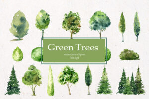 水彩树剪贴画集Watercolor Trees Clipart Set
