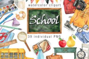 回到学校的水彩剪贴画Watercolor Back to School Clipart