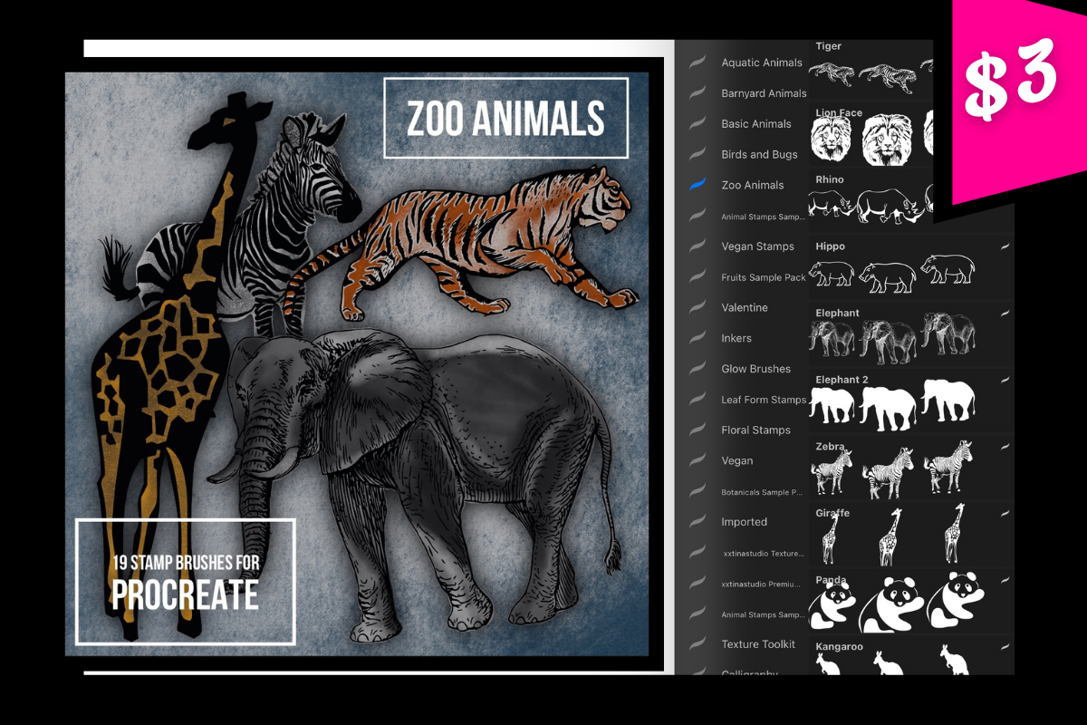 Procreate画笔-动物园动物邮票刷