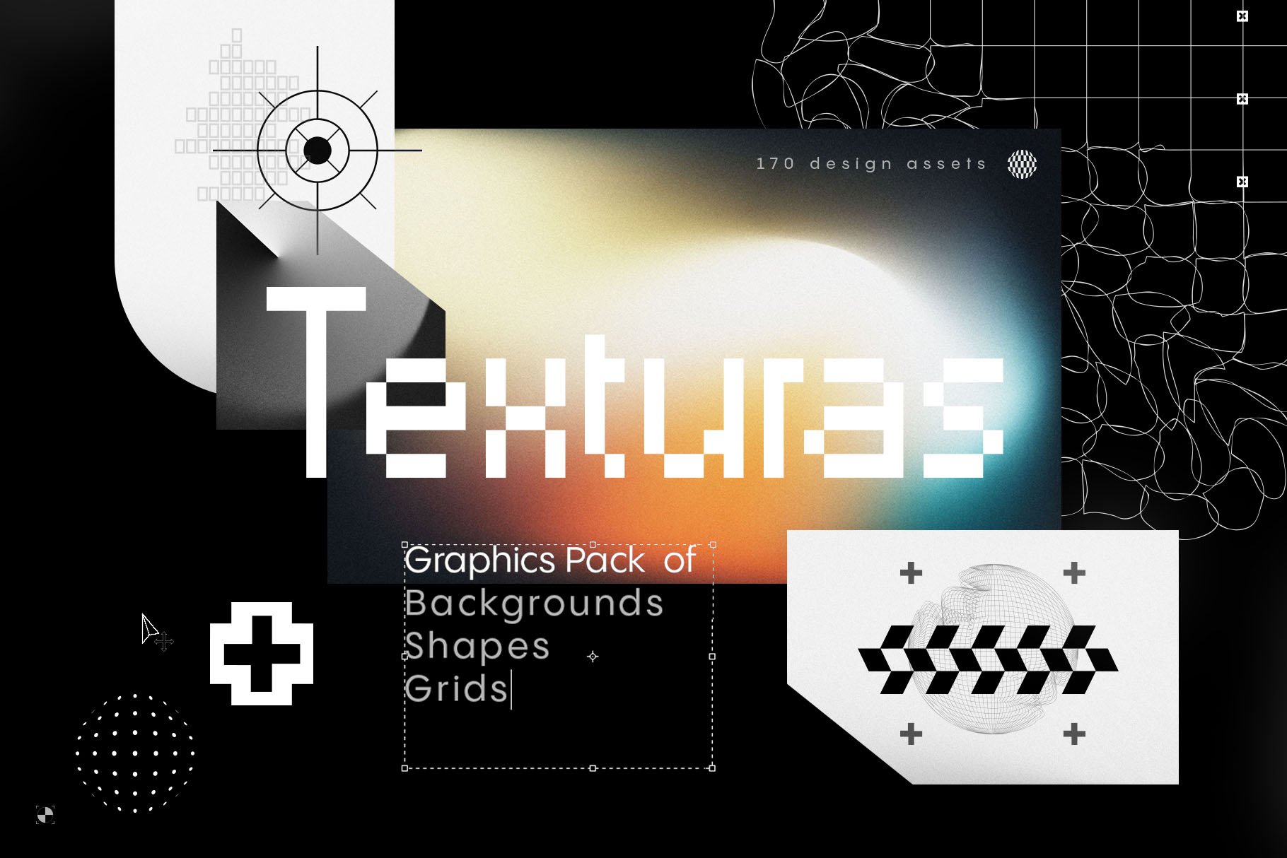 未来派颗粒感渐变黑白抽象背景形状扭曲网格素材合辑 Texturas - Retro Graphics Pack插图