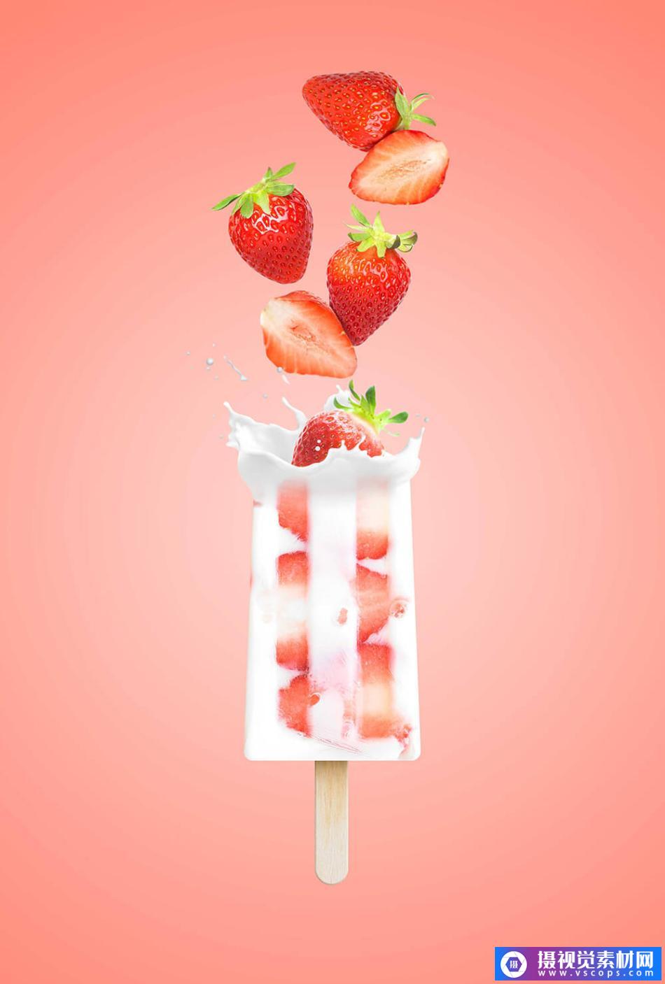 夏日清爽草莓冰棍食品广告海报设计 (psd) - 摄视觉