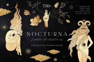 750 多个线条艺术图形元素魔法护符符号金箔十二生肖合集NOCTURNA Hidden Secrets Collection