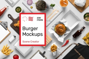 高质量汉堡快餐食品品牌餐饮包装设计提案样机模板 Burger Mockups - Scene Creator
