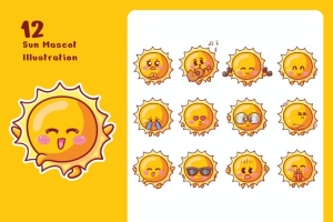 可爱的太阳贴纸插图套装 (AI,EPS,JPG,PNG)