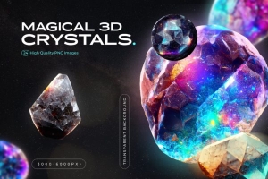 超现实霓虹颜色的 3D 宝石 & 水晶素材包（PNG）