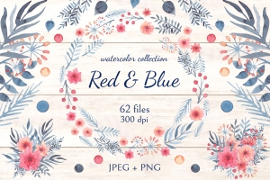 柔和舒适的蓝红水彩画花卉装饰免抠图素材合辑 Red & Blue