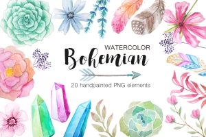 波西米亚异国情调自然图形设计PNG免扣水彩元素 Watercolor Bohenian Nature Set