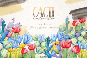 精美的热带仙人掌水彩图案边框画集 Cool colorful cacti PNG watercolor set