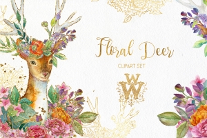 水彩花卉小鹿高分辨率剪贴画PNG素材 Watercolor floral deer printable clipart