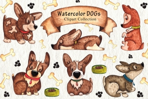 水彩手绘柯基宠物PNG免扣素材合辑 Watercolor DOGs Collection