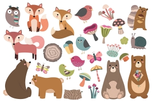29个可爱的手绘春天森林和林地动物矢量插画 Woodland