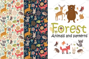 手绘卡通森林动物图案矢量素材合集包 Forest. Animals and patterns #1365608