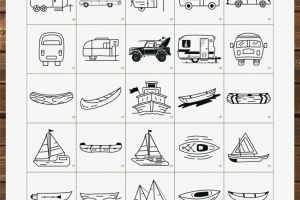 RV拖车图标设置线条艺术图形符号 (AI,EPS,JPG,PDF,PNG,PSD,SVG)