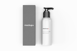 按压瓶乳液化妆美容产品包装贴图样机模板 Pump Lid Bottle With Packaging PSD Mockup