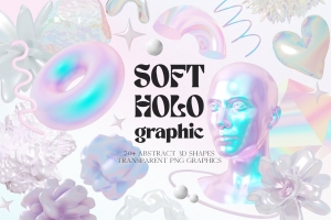 潮流酸性艺术全息虹彩3D形状设计装饰素材合辑 Soft Holo Iridescence 3D Shapes