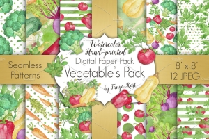 水彩素菜背景纹理Vegetable Watercolor Digital Paper #1133107
