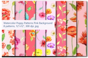 粉红色的主题水彩罂粟花图案 Watercolor Poppy Pattern #263320
