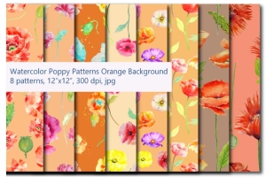 水彩罂粟花图案背景纹理 Watercolor Poppy Pattern Orange #263315