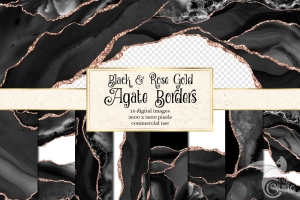 高分辨率黑色玫瑰金边缘玛瑙闪光边框素材 Black & Rose Gold Agate Borders