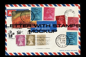 超现实主义复古做旧邮票信件信封素材 Letter with Stamps Mock Up