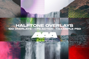 复古仿旧设计丝网印刷半色调网点图片效果PS模板素材 AAA – 100 Halftone Overlays
