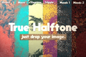 潮流复古做旧艺术马赛克波浪雕刻纹理图片效果处理PS模板 True Halftone PSD Template