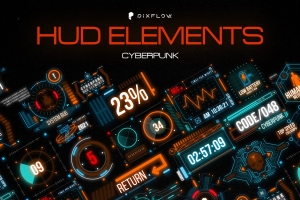潮流赛博朋克汽车宇宙飞船科幻霓虹灯游戏电影界面元素合辑 Cyberpunk HUD Elements