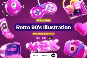 高质量三维渲染Y2K千禧年复古游戏机CD3D立体插画素材合辑 3D Retro 90's Illustration