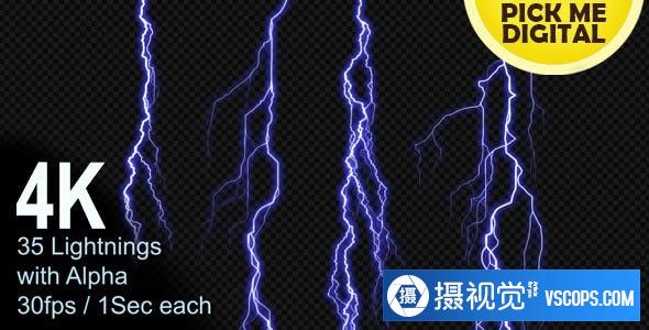 35组4K分辨率暴风雨雷电闪烁闪电发光光线效果动画视频素材