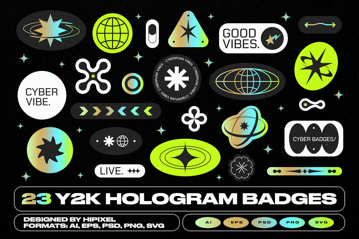 23款趣味复古Y2K全息徽标徽章贴纸logo图标AI矢量设计套装Y2K Hologram Badge Stickers插图