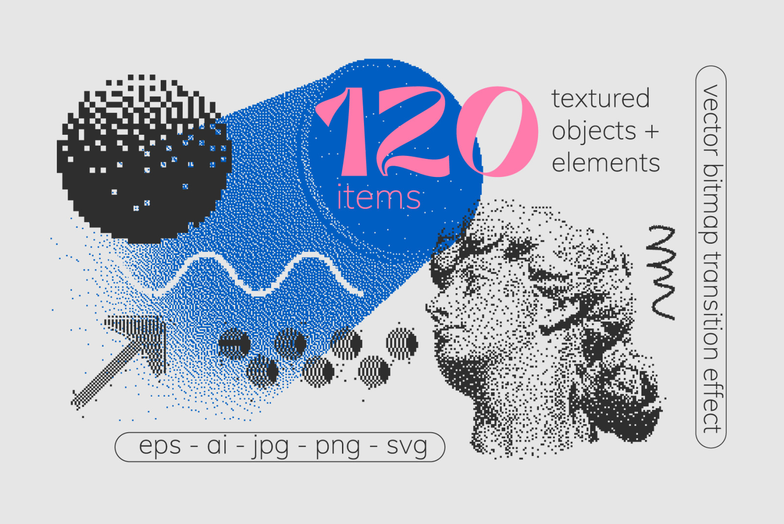 120 个矢量抖动纹理剪贴画形状套装 Vector Dither Textured Clip Art Shapes Set插图