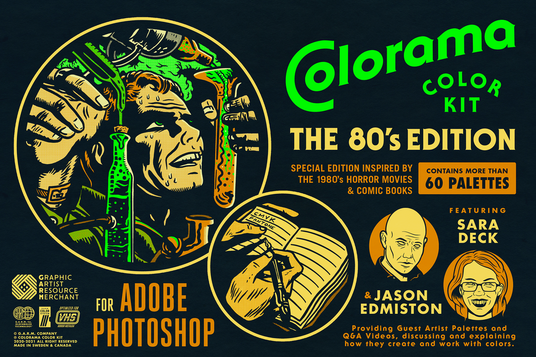 Colorama 颜色套件 - 80 年代版 （Photoshop） 60 种动态调色板 平面3D效果旧纸纹理插图